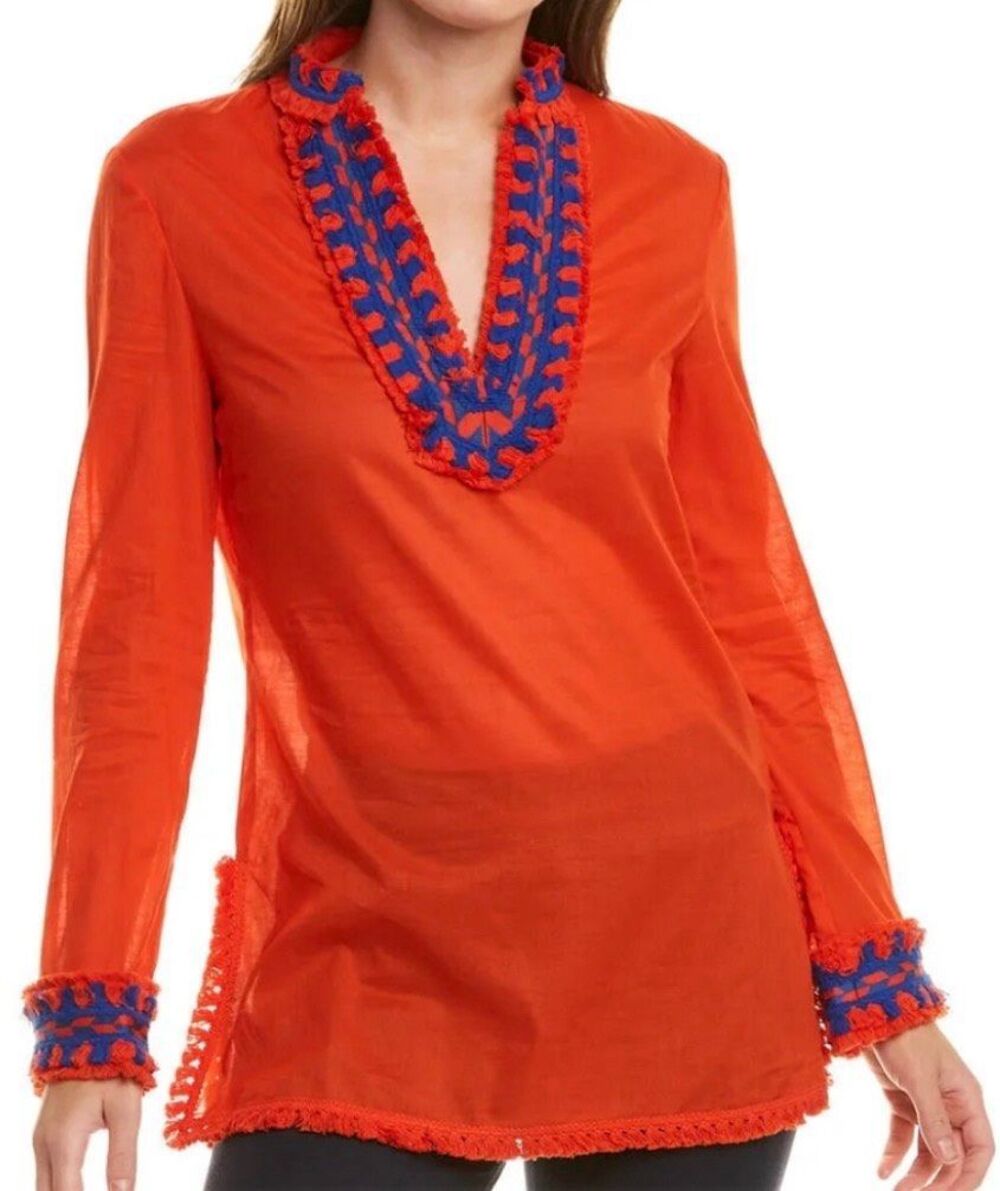 TORY BURCH samba fringe ORANGE TUNIC TOP BLOUSE SHIRT sz 14